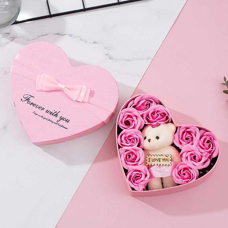 Heart Gift Box Soap Roses and Teddy Bear