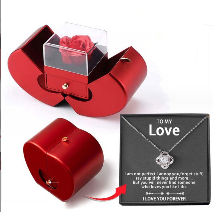 Heart Jewelry Box with Hidden Necklace Faux Rose Gift Set